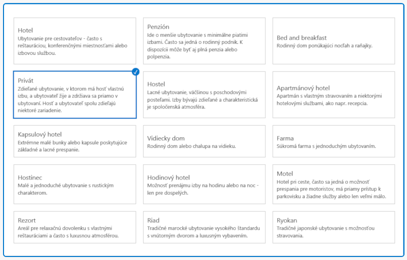 Booking.com - registrácia ubytovania, typ ubytovacieho zariadenia